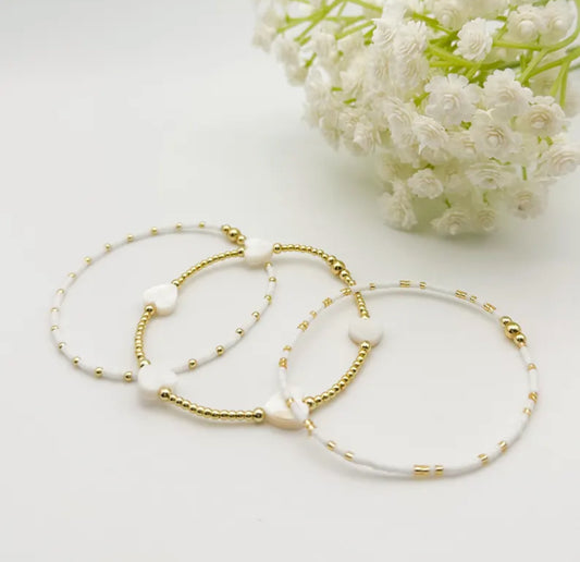 18k gold filled heart bracelet | gold filled beads | white heart | bracelet stack | minimalist jewelry | layered gold bracelet | gold stack
