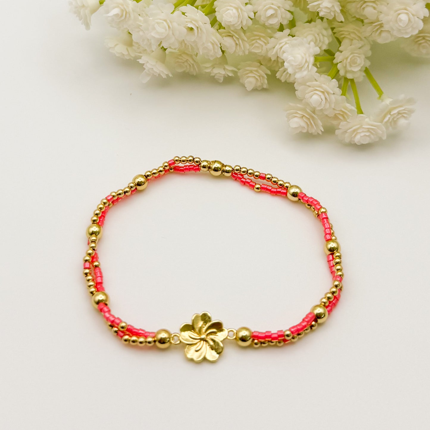 Double Strand Flower Bracelet| 18k gold filled with flower connector charm | stretch bracelet | tiny bead bracelet | beaded bracelet
