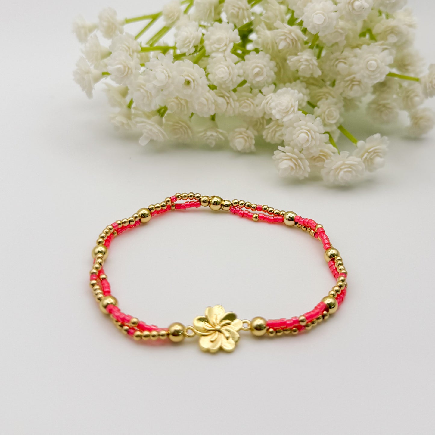 Double Strand Flower Bracelet| 18k gold filled with flower connector charm | stretch bracelet | tiny bead bracelet | beaded bracelet