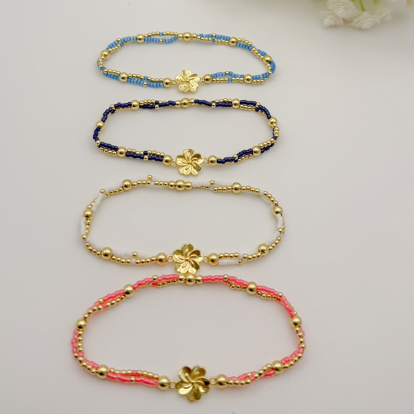 Double Strand Flower Bracelet| 18k gold filled with flower connector charm | stretch bracelet | tiny bead bracelet | beaded bracelet