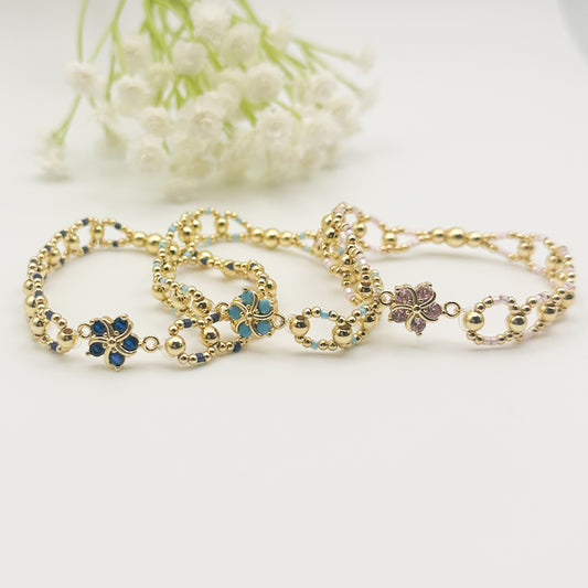 Hibiscus Flower Bracelet| 18k gold filled with pink, navy or blue and bracelets | stretch bracelet | tiny bead bracelet | beaded circle |