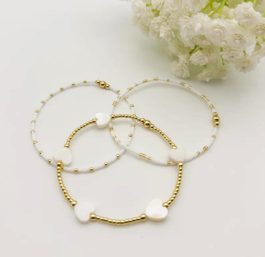 18k gold filled heart bracelet | gold filled beads | white heart | bracelet stack | minimalist jewelry | layered gold bracelet | gold stack