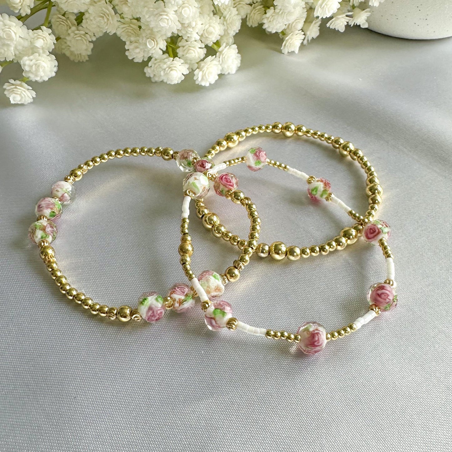 Floral pink and gold bead bracelet | 18k gold filled beads with pink floral bead bracelets