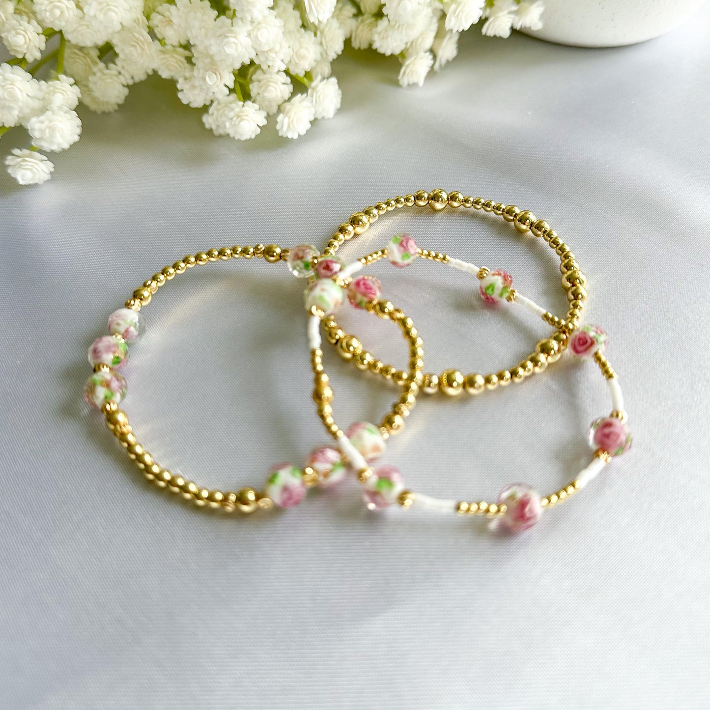 Floral pink and gold bead bracelet | 18k gold filled beads with pink floral bead bracelets