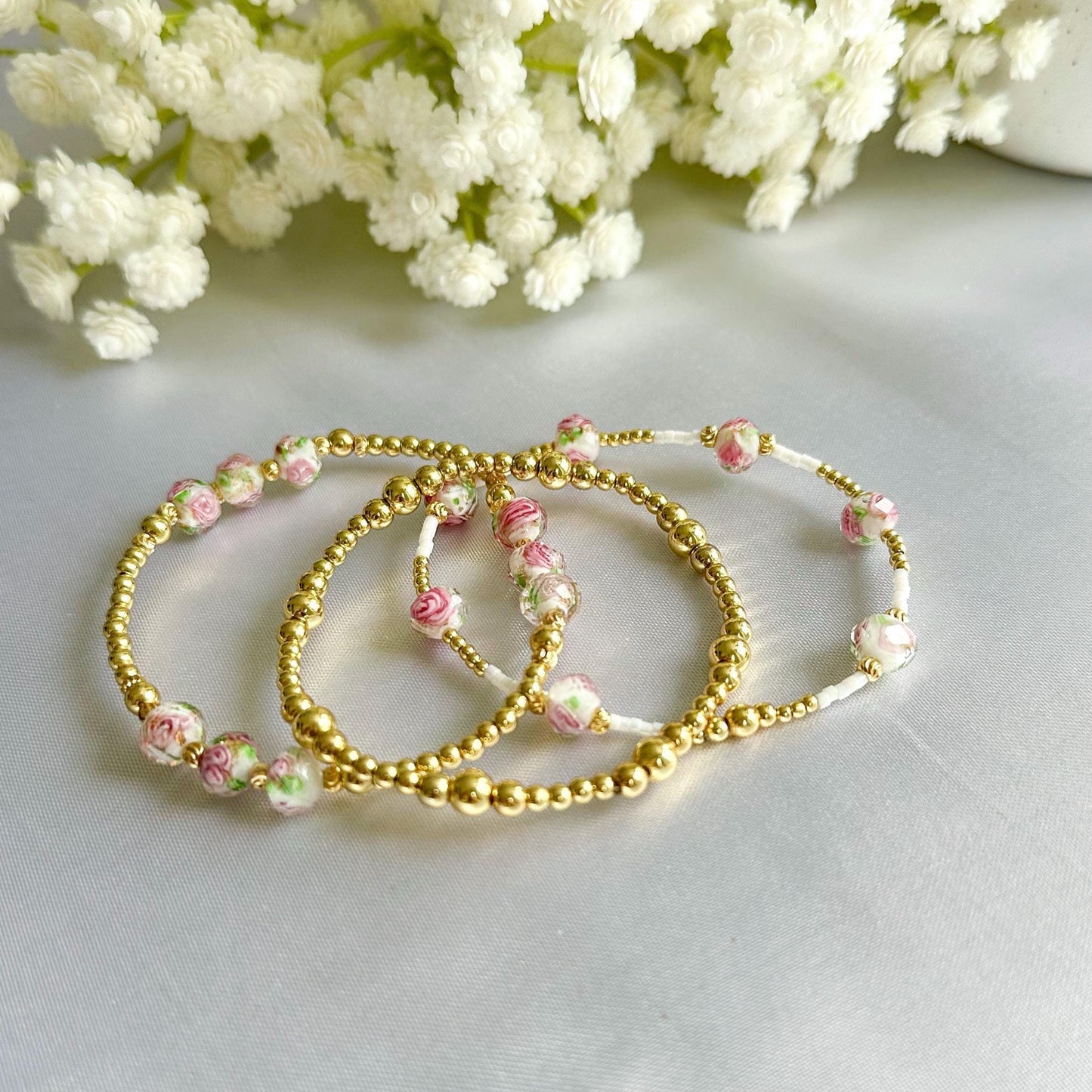 Floral pink and gold bead bracelet | 18k gold filled beads with pink floral bead bracelets