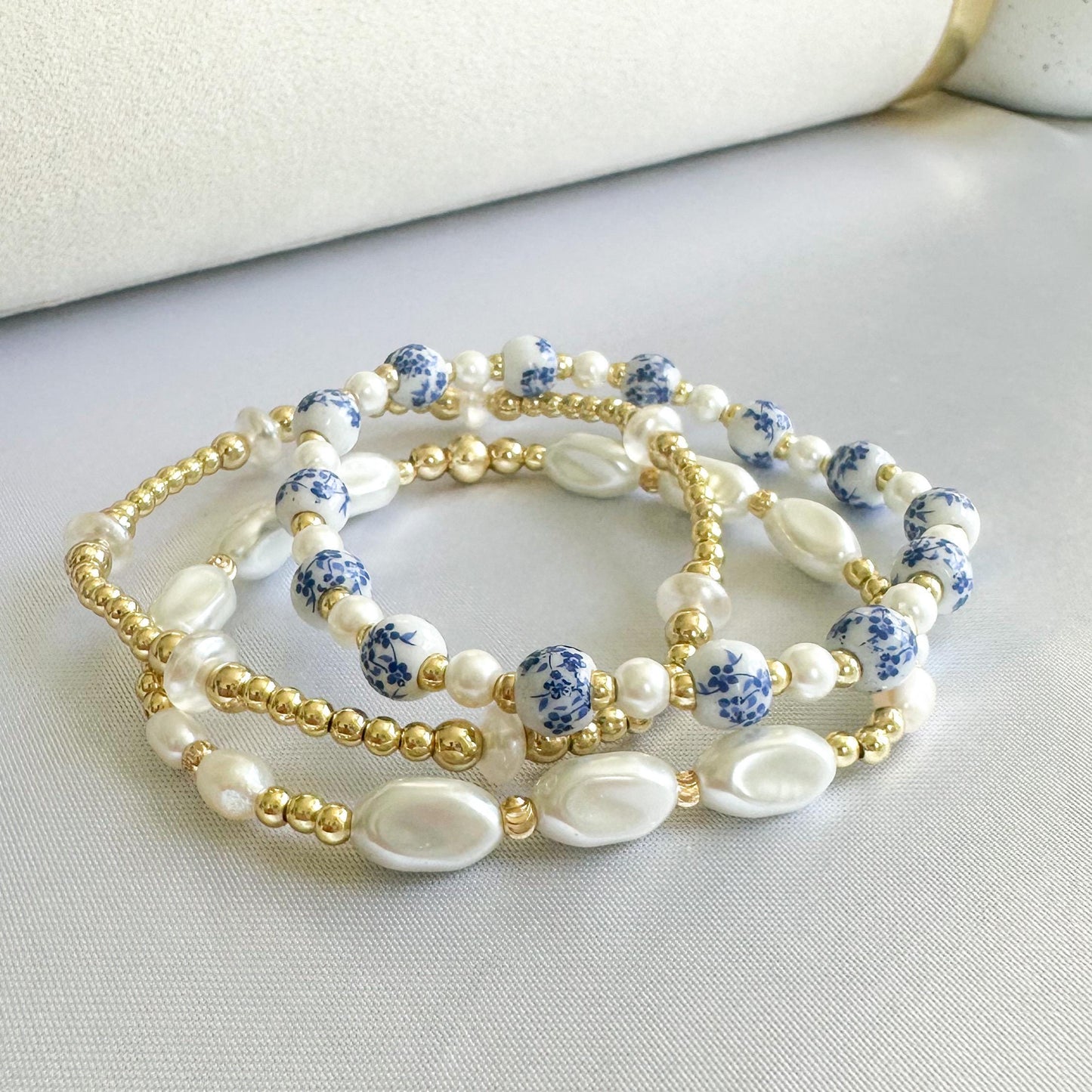 Blue floral bead with Pearl and gold bracelet stack/ gold filled/ painted bead bracelet set/ Pearl bracelets / painted beads