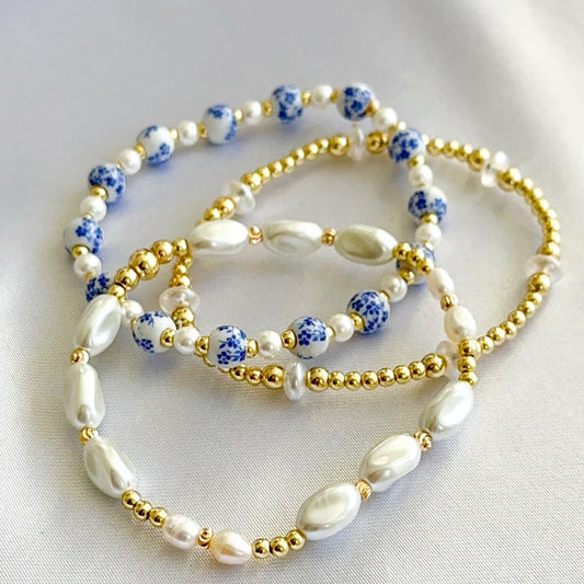 Blue floral bead  with Pearl and gold bracelet stack/ gold filled/ painted bead bracelet set/ Pearl bracelets / painted beads