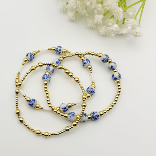 Floral blue and gold bead bracelet| 18k gold filled beads with blue porcelain beads