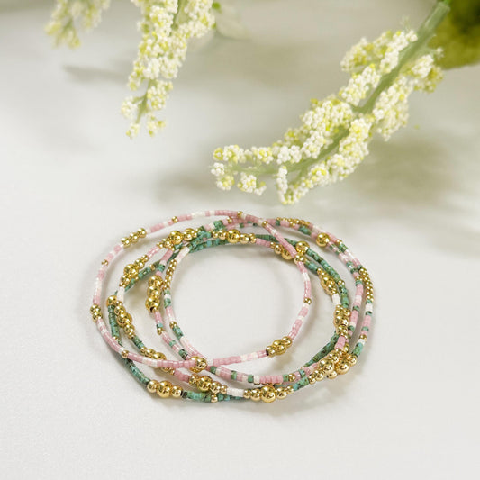 Spring Bloom | 18k gold filled with green and pink bracelet stack