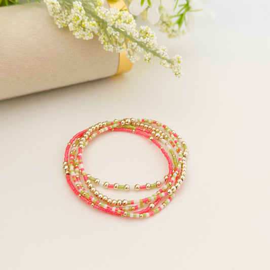 Blossom| Neon Pink Seed Bead Bracelet | 14k Gold Filled Stacking Bracelet