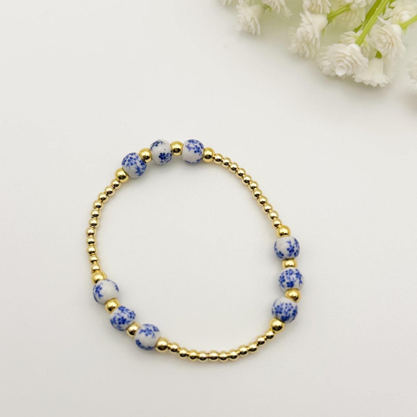 Floral blue and gold bead bracelet| 18k gold filled beads with blue porcelain beads