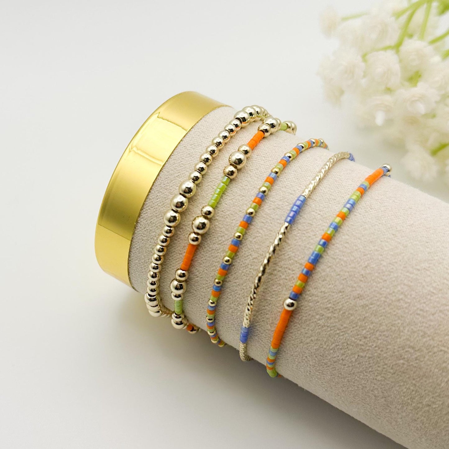 Vacay Fun | 4k Gold Filled Seed Bead Bracelet Stack: Green, Blue & Orange | beaded stretch bracelet | tiny bead | bright
