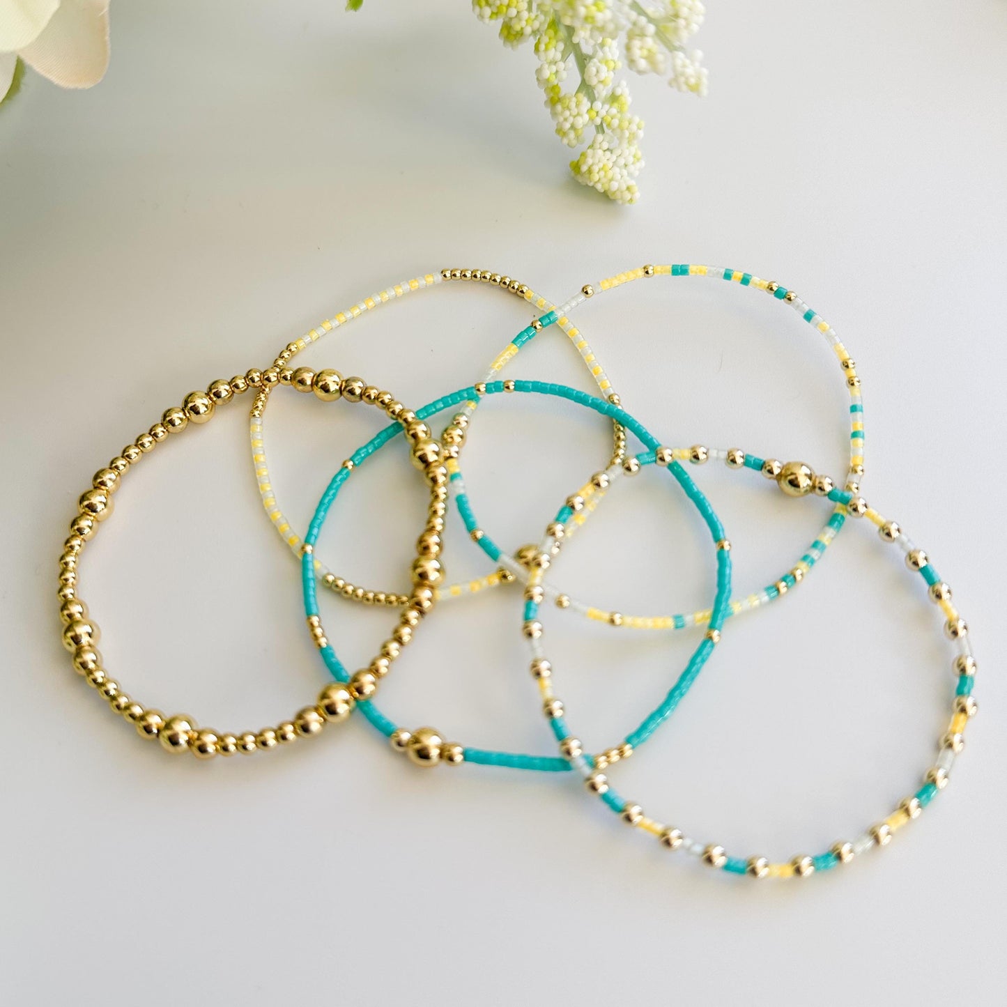 Beachy | 18k gold filled with teal and yellow bracelet stack | beaded stretch bracelet | tiny bead bracelet | seed bead | bracelet set