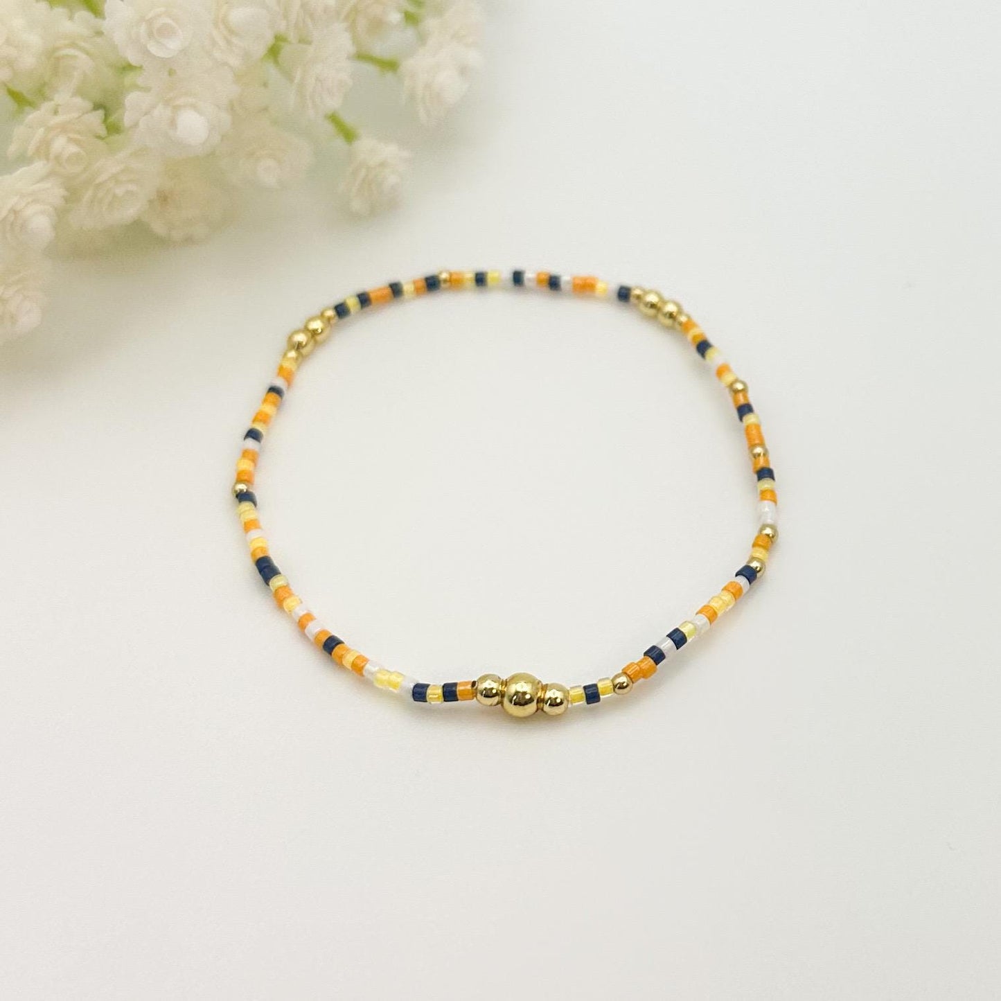 Sunkissed | 18k gold filled with navy, orange & yellow bracelet stack | beaded stretch bracelet | tiny bead bracelet | seed bead bracelets