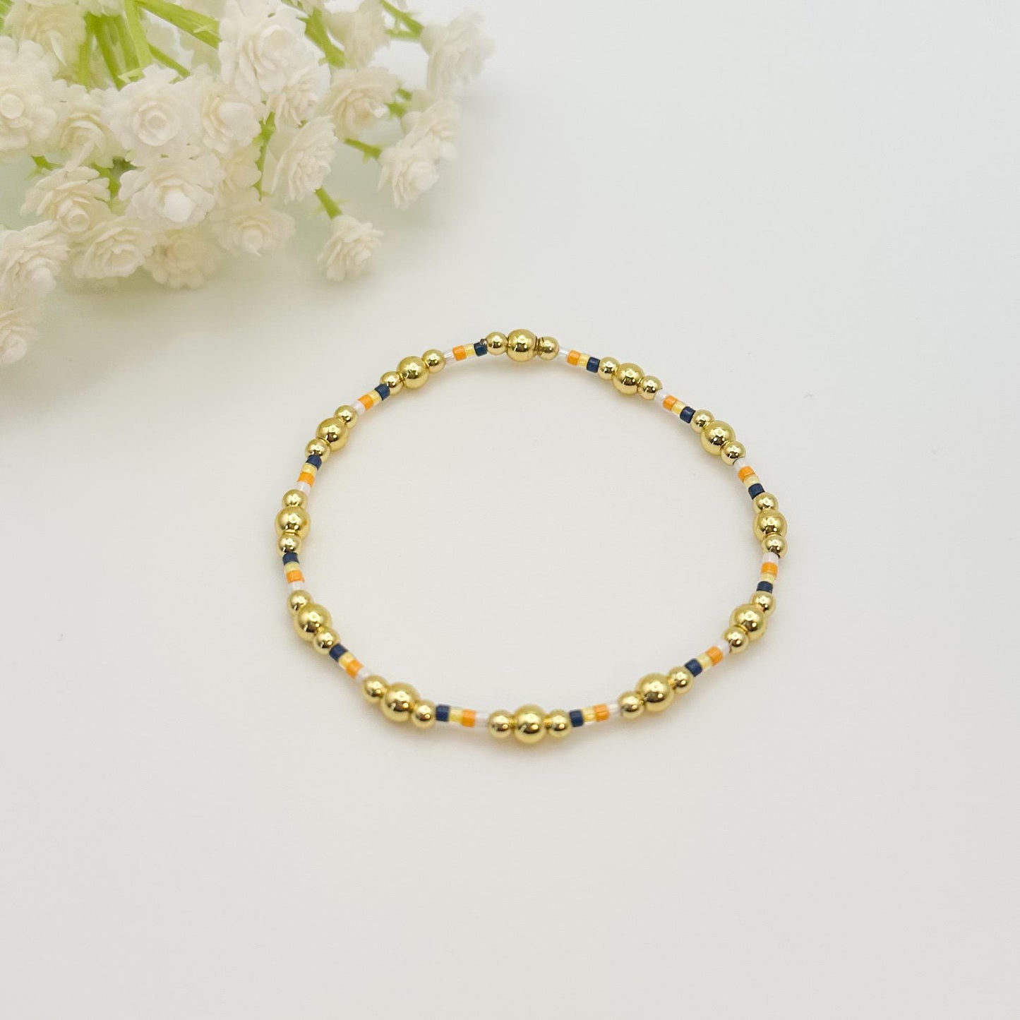 Sunkissed | 18k gold filled with navy, orange & yellow bracelet stack | beaded stretch bracelet | tiny bead bracelet | seed bead bracelets