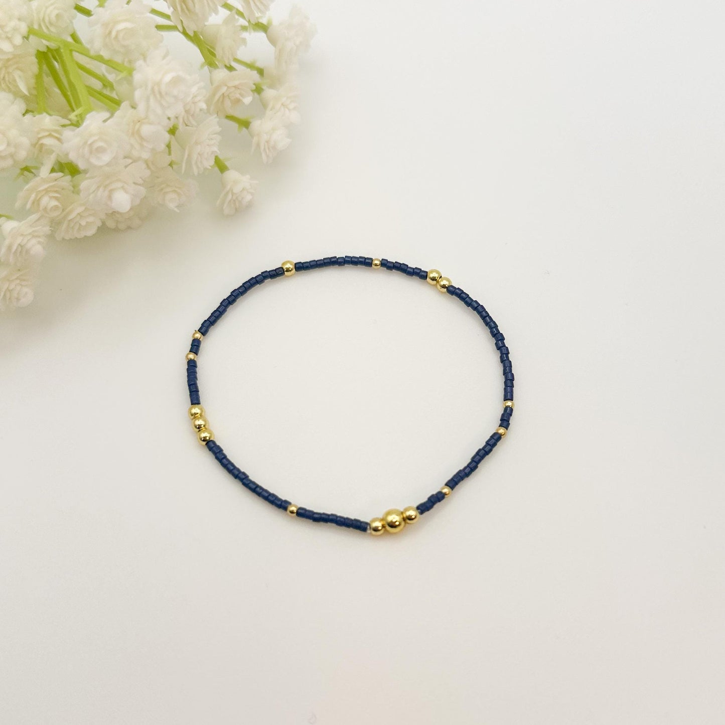 Sunkissed | 18k gold filled with navy, orange & yellow bracelet stack | beaded stretch bracelet | tiny bead bracelet | seed bead bracelets