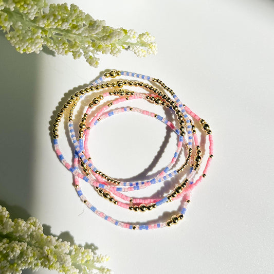 Cotton Candy | 18k gold filled with pink and indigo bracelet stack | beaded stretch bracelet | tiny bead bracelet | seed bead | gift set