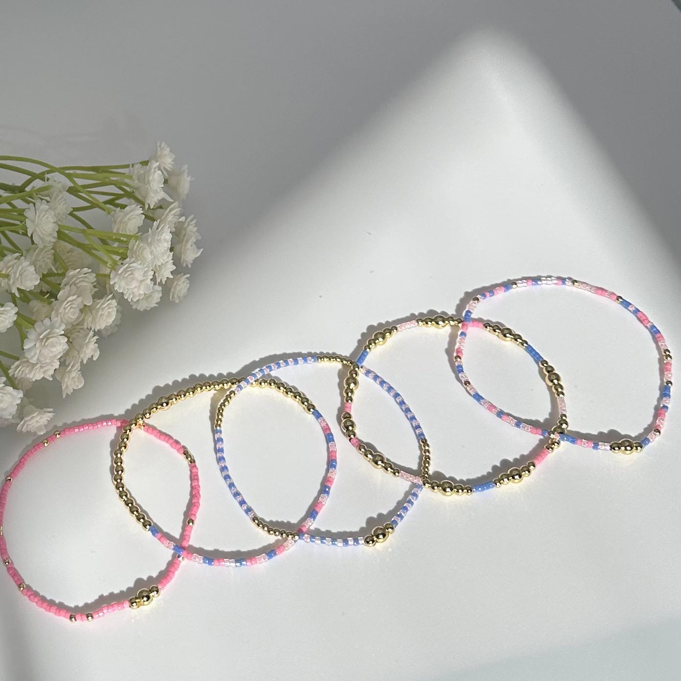 Cotton Candy | 18k gold filled with pink and indigo bracelet stack | beaded stretch bracelet | tiny bead bracelet | seed bead | gift set