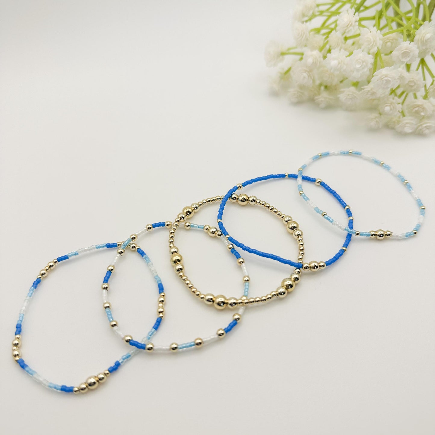 Waves | 14k gold filled with white and blue bracelet stack