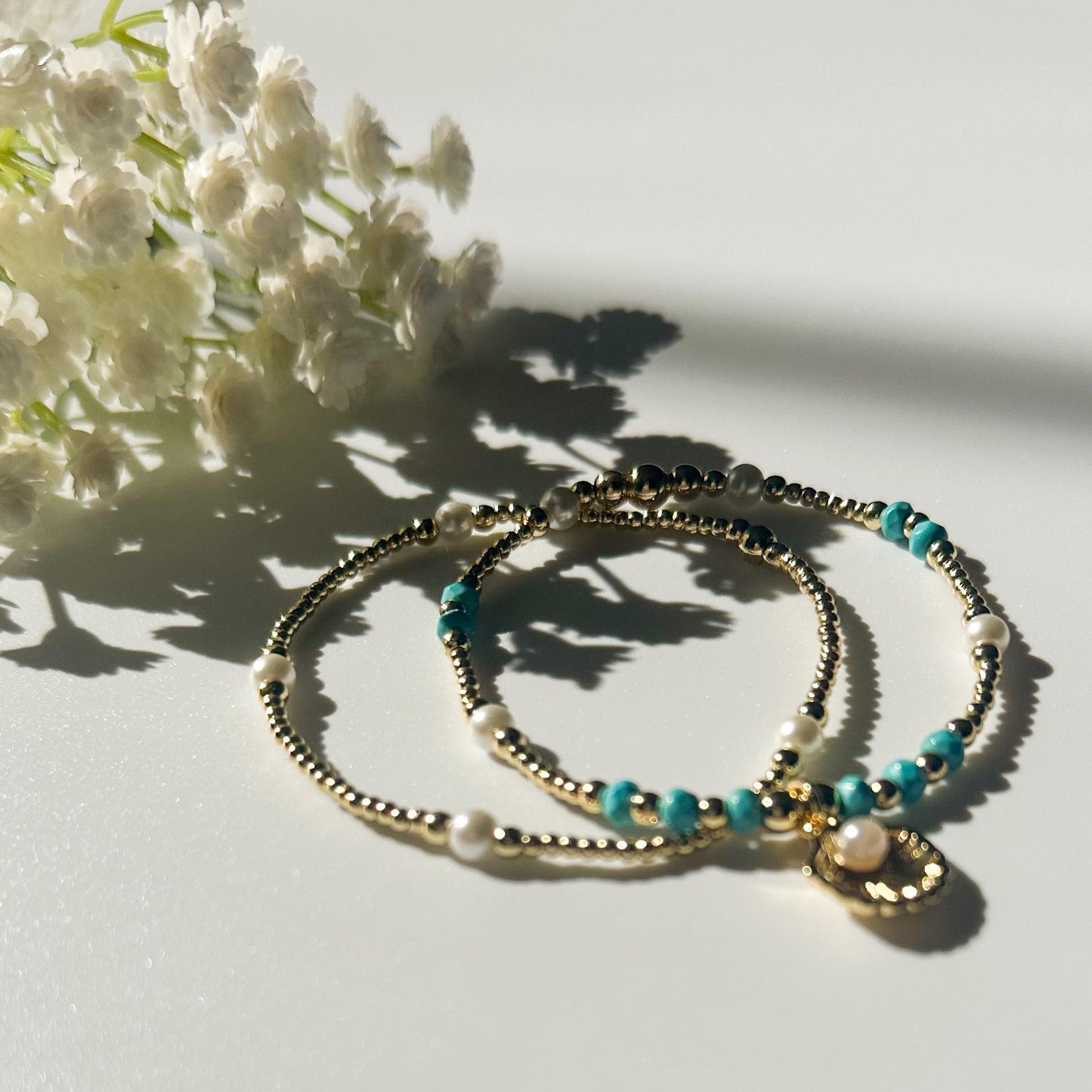 Seashell and pearl charm bracelet set | 18k gold filled teal and pearl bracelet | stretch bracelet | gold bracelets |beachy jewelry | summer