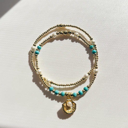 Seashell and pearl charm bracelet set | 18k gold filled teal and pearl bracelet | stretch bracelet | gold bracelets |beachy jewelry | summer