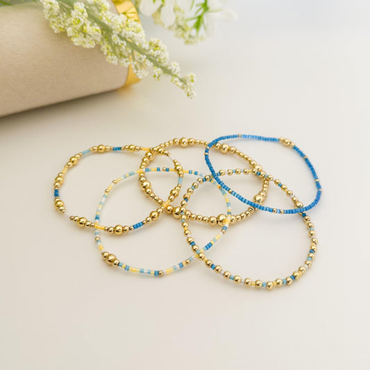 Ocean breeze | 18k gold filled with blue and yellow bracelet stack | beaded stretch bracelet | tiny bead bracelet | seed bead | bracelet set