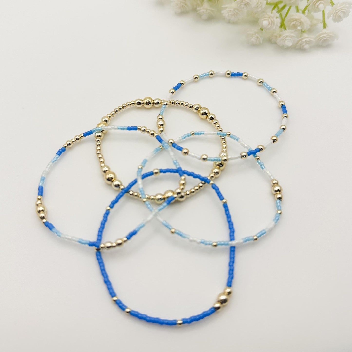 Waves | 14k gold filled with white and blue bracelet stack