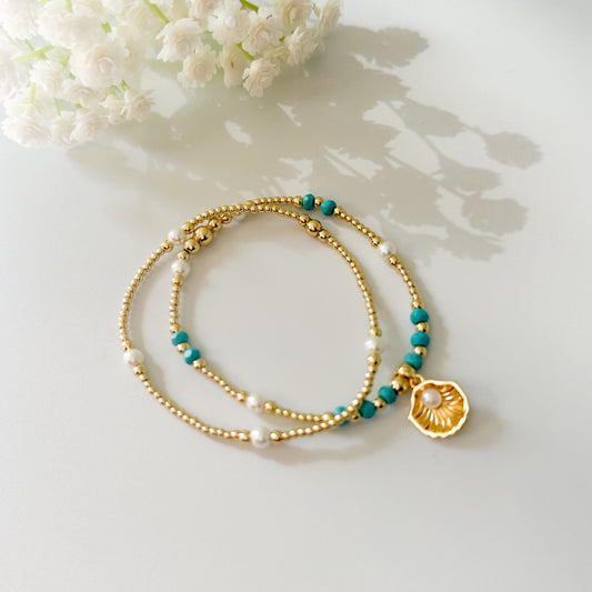 Seashell and pearl charm bracelet set | 18k gold filled teal and pearl bracelet