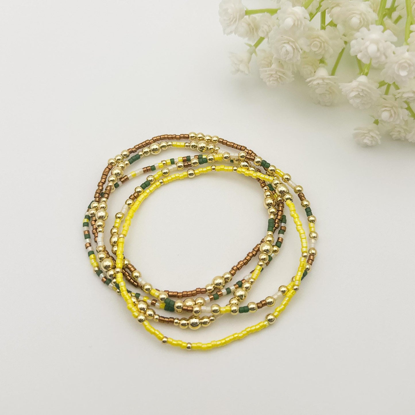 Nature | 18k gold filled with green, yellow and brown bracelet stack | beaded stretch bracelet | tiny bead bracelet | seed bead | gift set