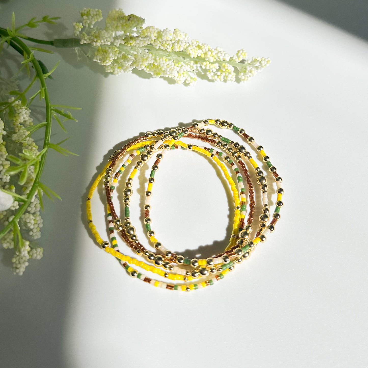 Nature | 18k gold filled with green, yellow and brown bracelet stack