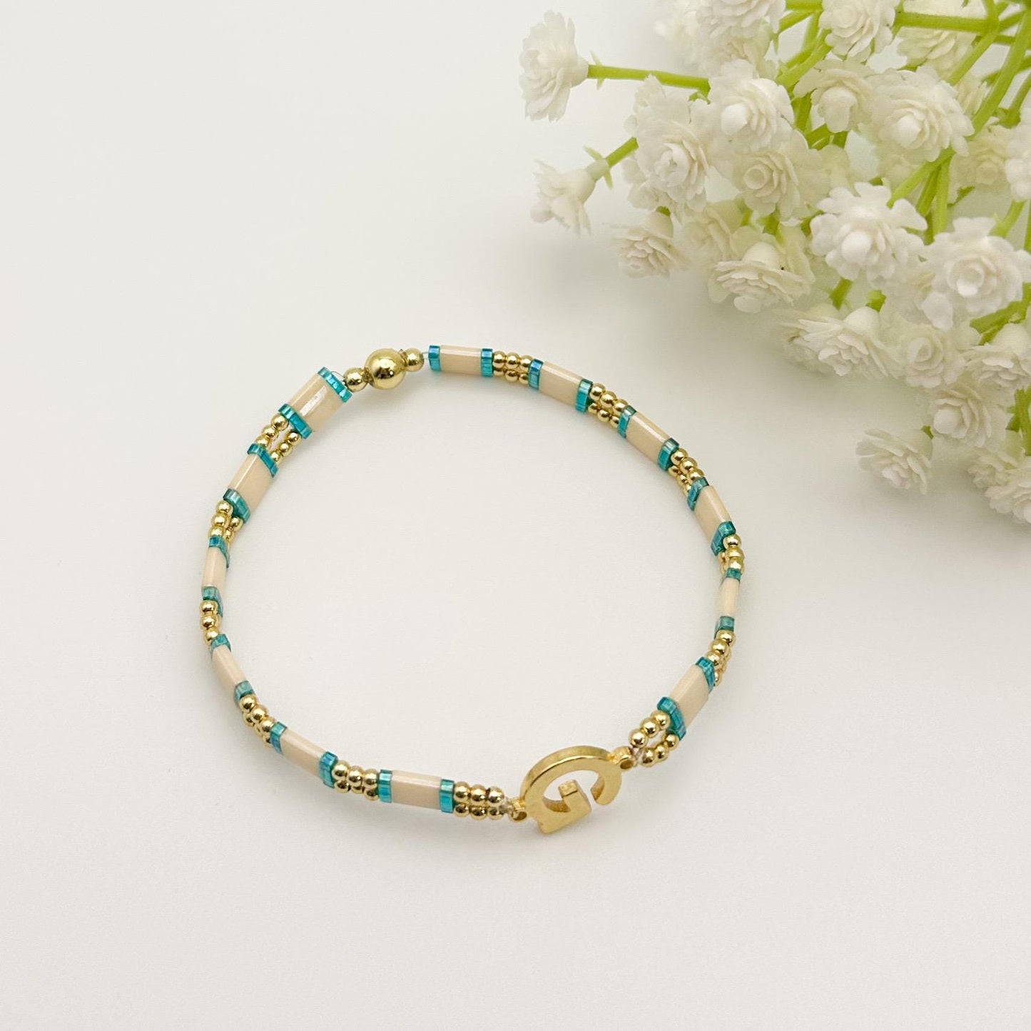 Tila Bead Initial Bracelet | 18k Gold Filled Cream & Teal