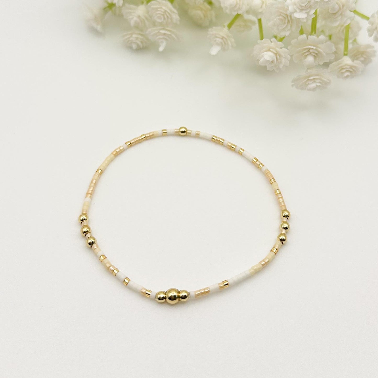 Sun & Sand | 18k Gold Filled with White and Caramel Color Bracelet Stack | Beaded Stretch Bracelet | Tiny Bead Bracelet