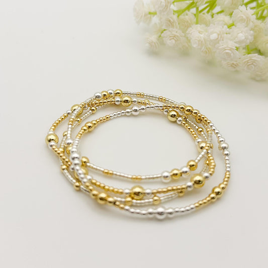Mixed Metals 18k Gold Filled Sterling Silver Seed Beads Stretch Bracelet Set Dainty Tiny Handmade Stack Waterproof