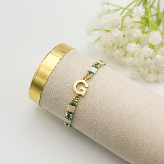 Tila Bead Initial Bracelet | 18k Gold Filled Cream & Teal