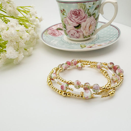 Floral Pink and Gold Bead Bracelet | 18k gold filled with Pink Floral and White Seed Beads| Coquette Bracelets | Bracelet Stack