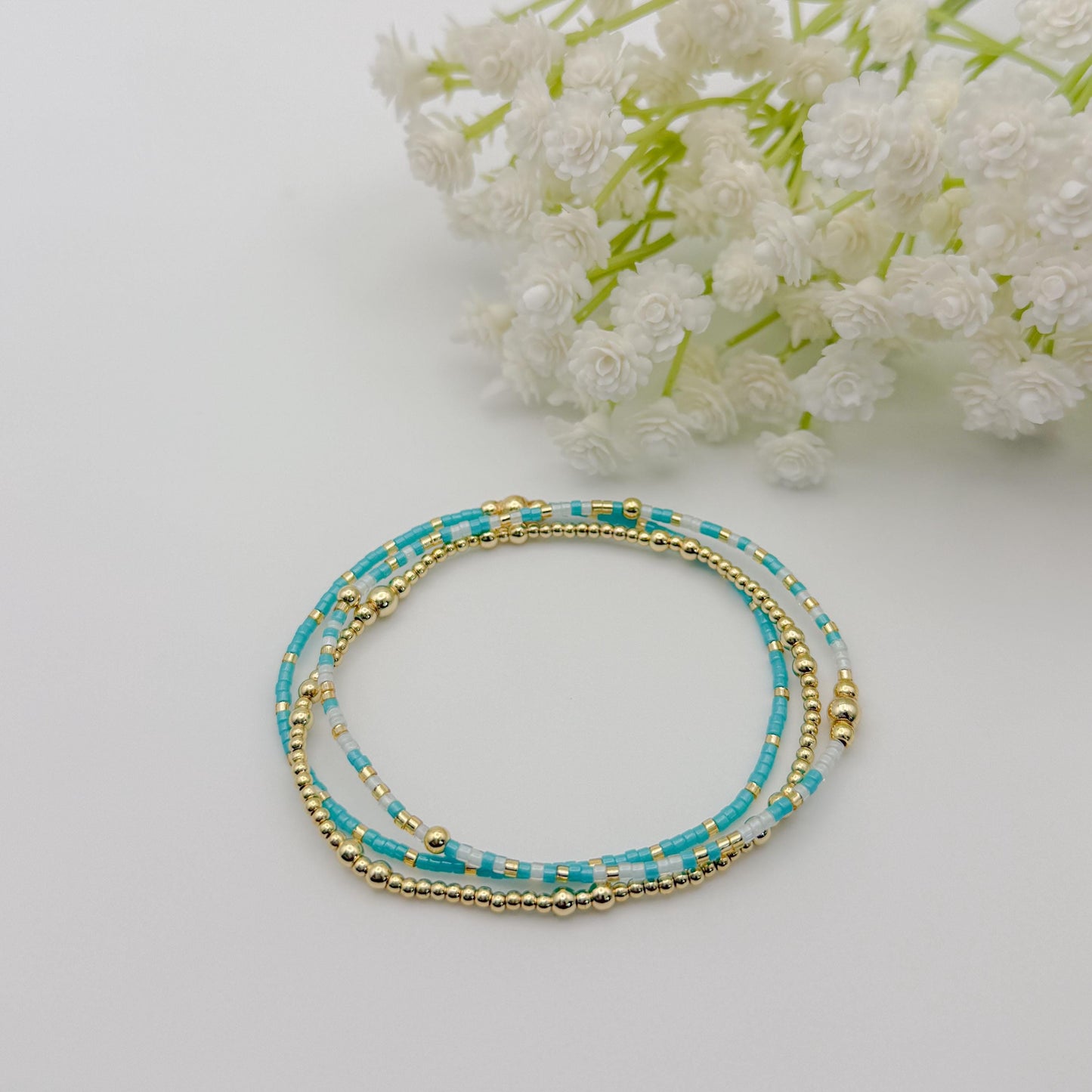 Teal Mix Seed Bead Bracelet Stack | 18k Gold Filled Stretch Bracelets | Tiny Bead Bracelets