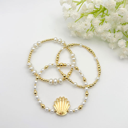 Shells & Pearls | 18k gold filled Seashell Pearl Bracelet stack | Seashell bracelet | Pearl bracelet | beachy bracelet stack | Summer