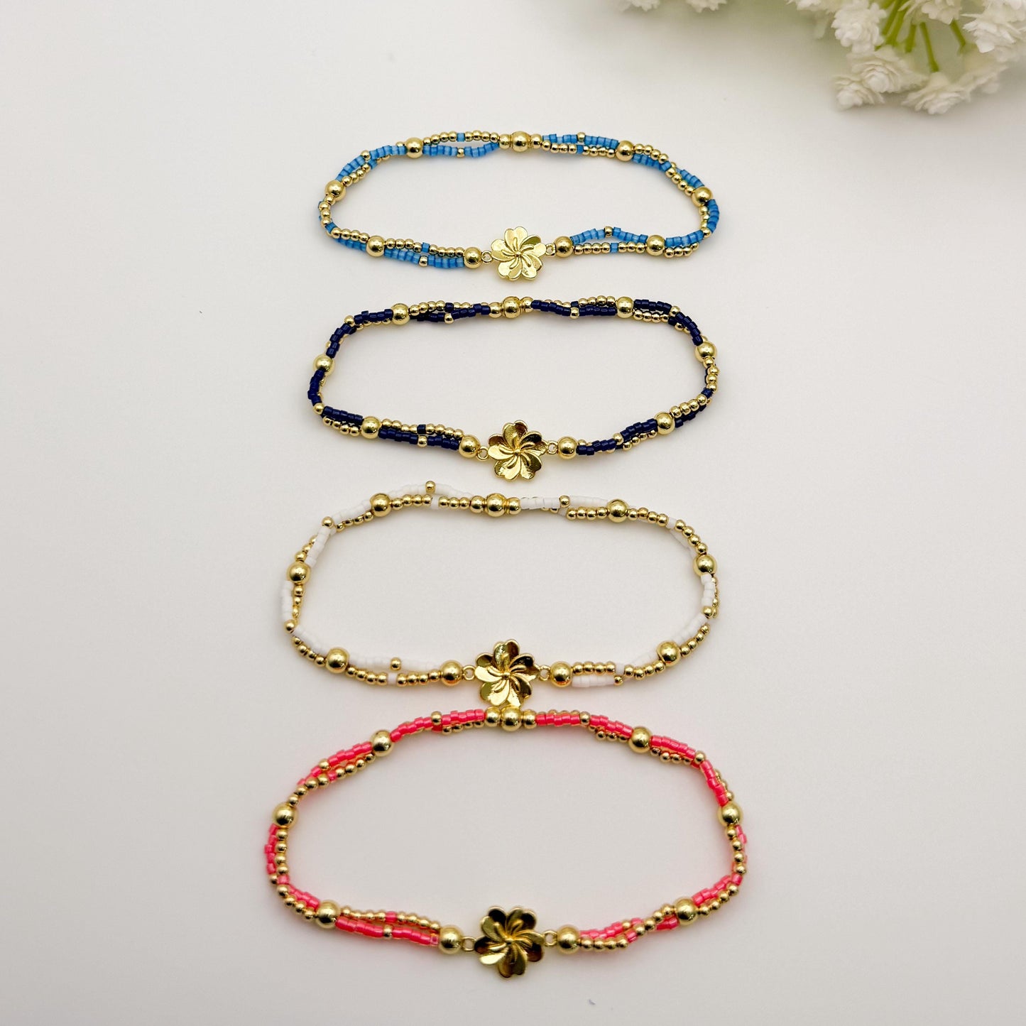 18k Gold Filled Flower Bracelet | Double Strand Seed Bead