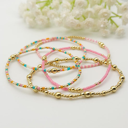 Summer Day | 18k gold filled with teal, pink & cream bracelet stack