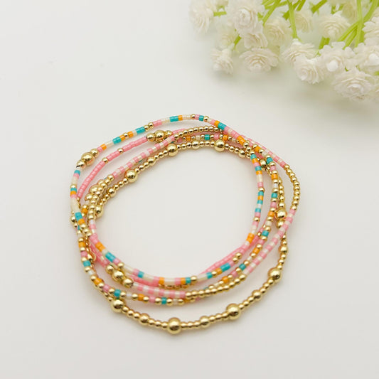 Summer Day | 18k gold filled with teal, pink & cream bracelet stack