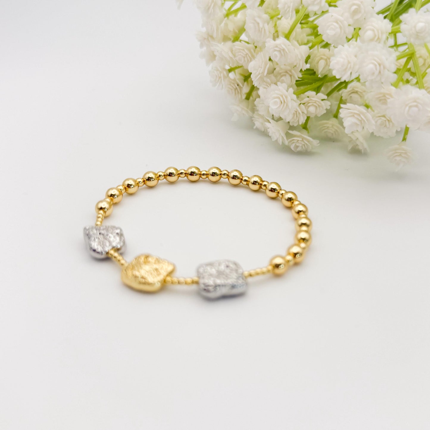 Chunky Mixed Metals | 18k gold filled with sterling silver and seed beads | beaded stretch bracelet | bracelet set