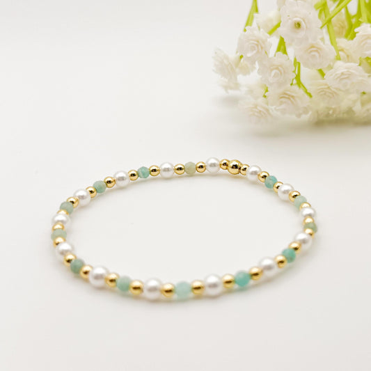 Gemstone Stretch Bracelet | 18k gold filled beaded bracelet with turquoise gemstones | Beaded pearl Bracelet | Summer | stone with pearls