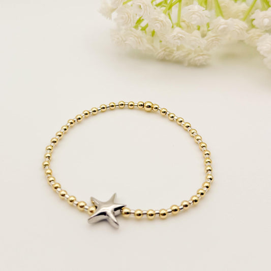 Starfish Mixed Metals Beaded Bracelet | 18k gold filled beads with silver seed beads | beaded stretch bracelet | bracelet set | tiny beads