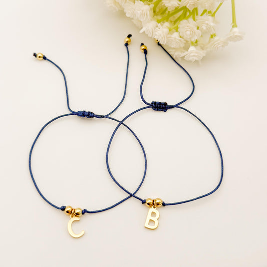 Cord with Initial Charm | 18k gold filled beads | adjustable cord bracelet | gold | navy blue | summer | cord bracelet