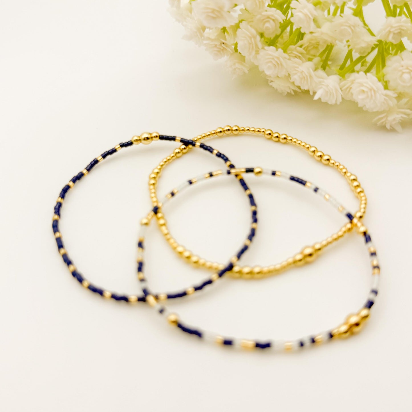 Navy Beaded 3 Piece Stack| 18k Gold Filled Navy Seed Bead Bracelet Stack| Tiny Bead Bracelet
