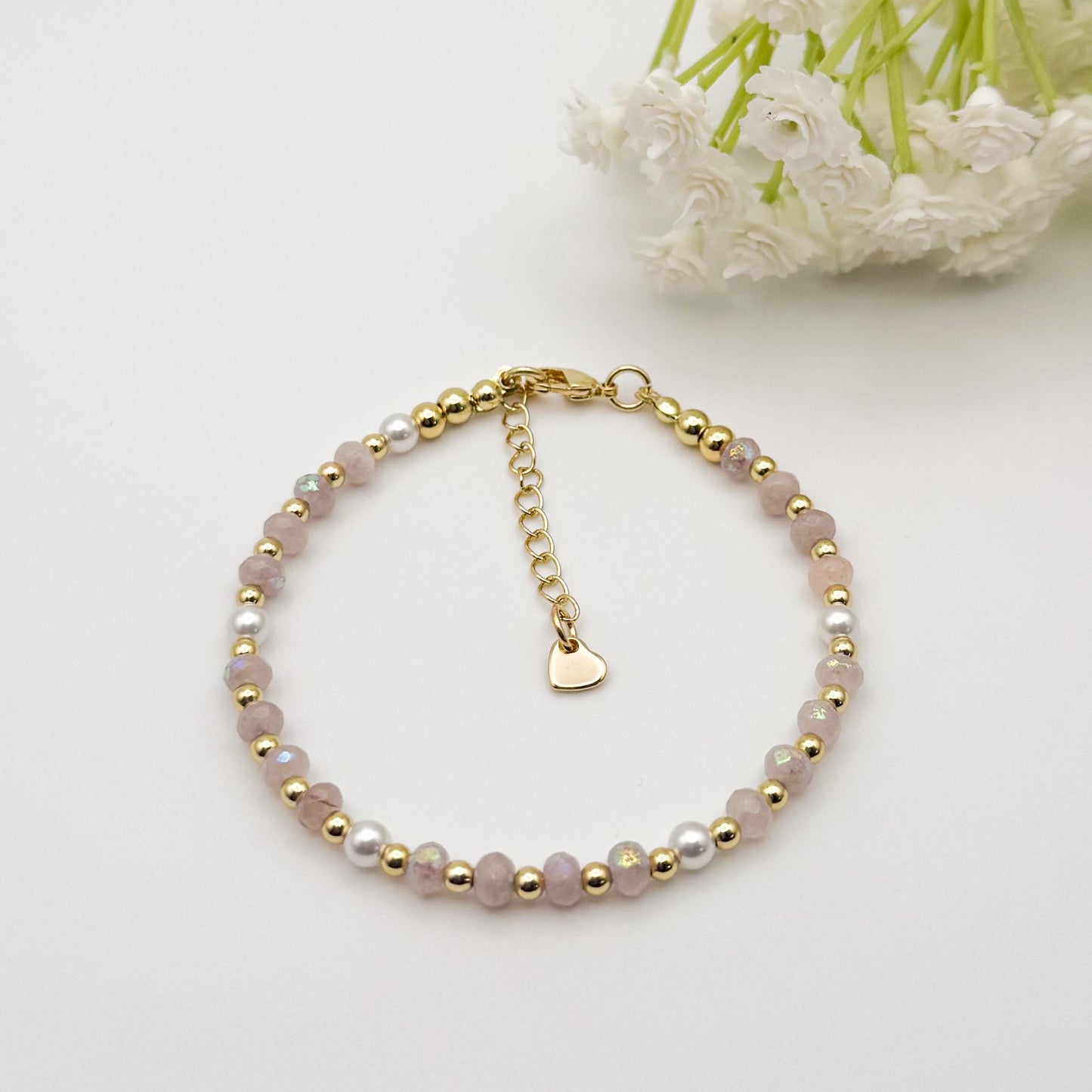 Dainty Gemstone Bracelet | 18k gold filled Bracelet | gemstone with pearl | Pearl Bracelet | Summer jewelry | gifts | stone bracelet| pink