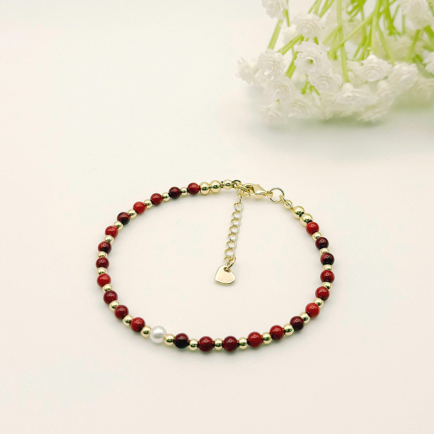 Dainty Gemstone Bracelet | 18k gold filled Bracelet | gemstone with pearl | Pearl Bracelet | Summer jewelry | gifts | stone bracelet| red