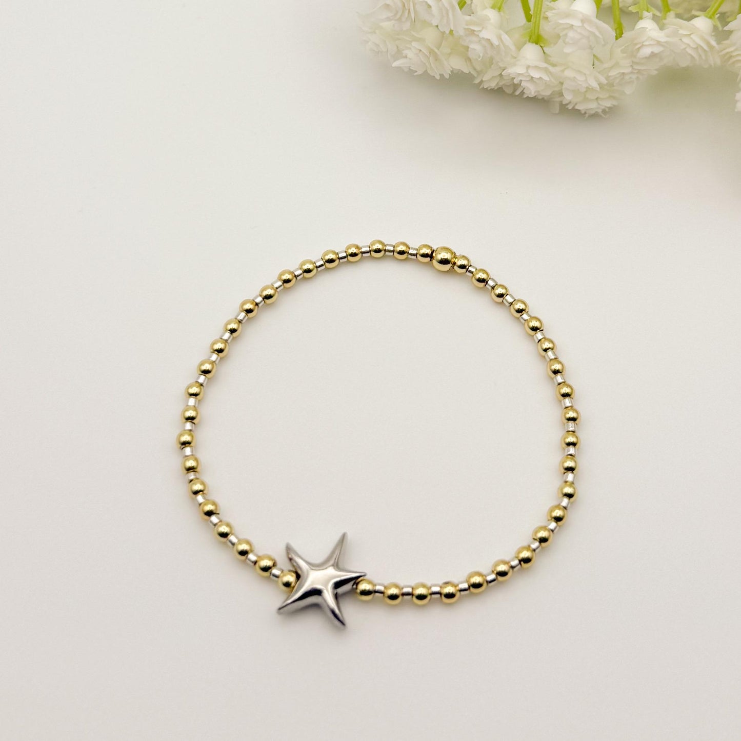Starfish Mixed Metals Beaded Bracelet | 18k gold filled beads with silver seed beads | beaded stretch bracelet | bracelet set | tiny beads