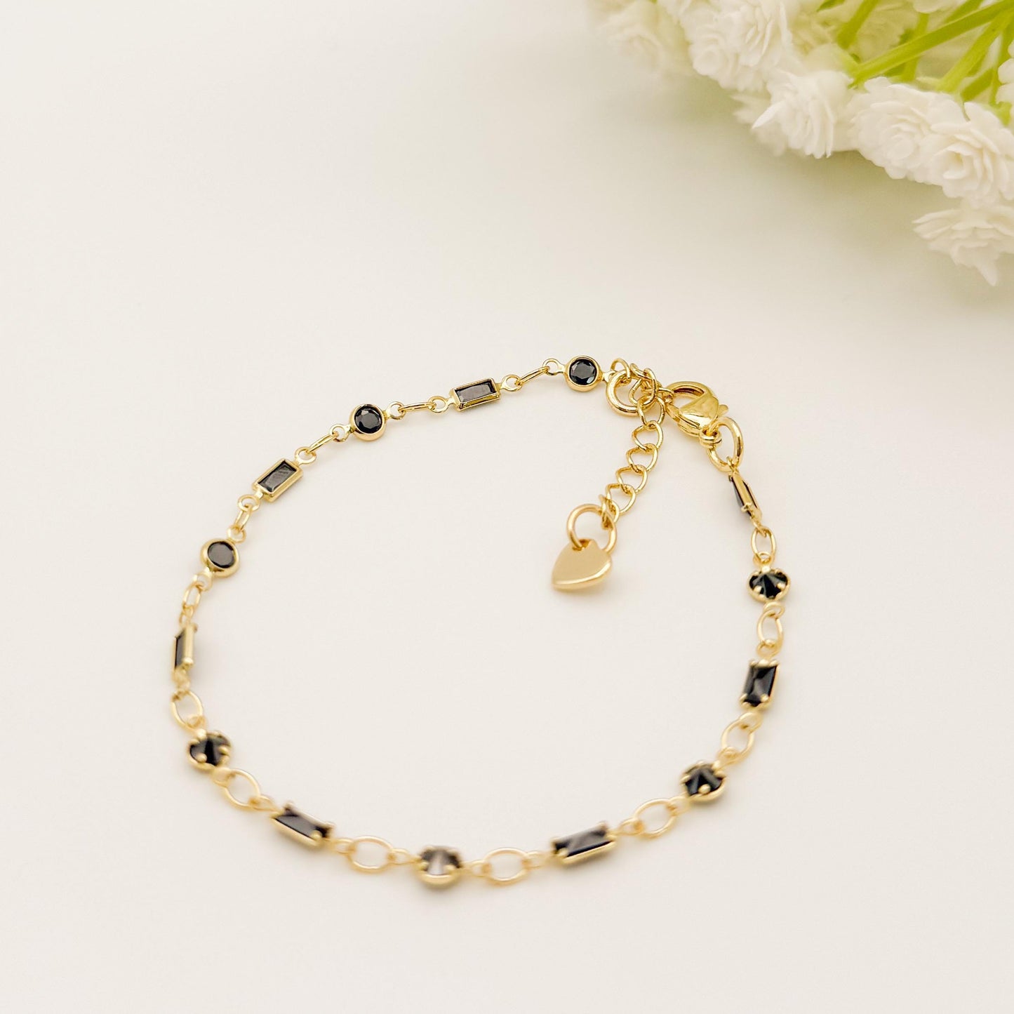 Black Stone Chain Bracelet | 18k gold filled Bracelet | gold chain with black gemstone | Dainty Bracelet | summer jewelry | gift for her