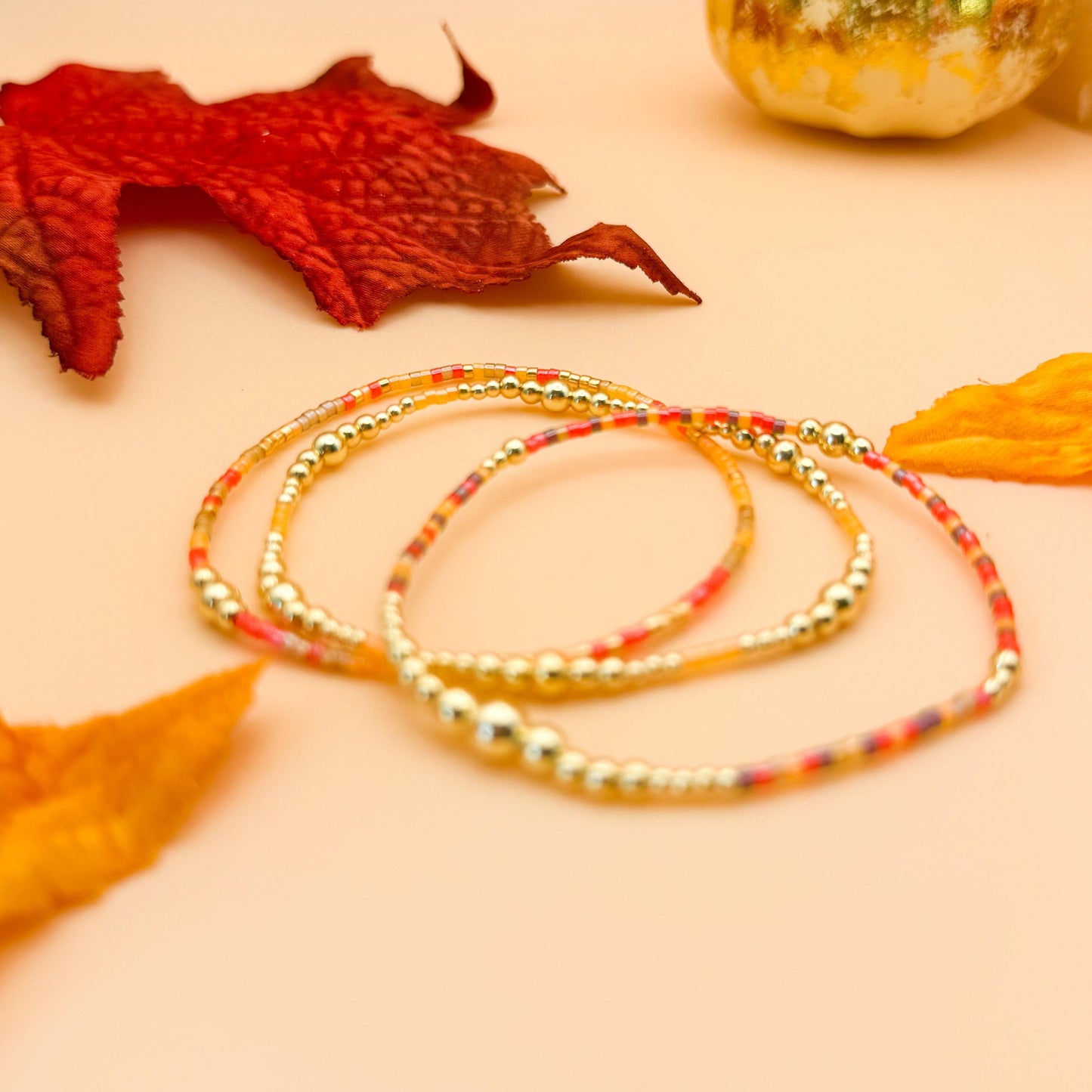Fall Harvest | 18k gold filled with orange, brown & red bracelet stack | beaded stretch bracelet | tiny bead | seed bead | bracelet set
